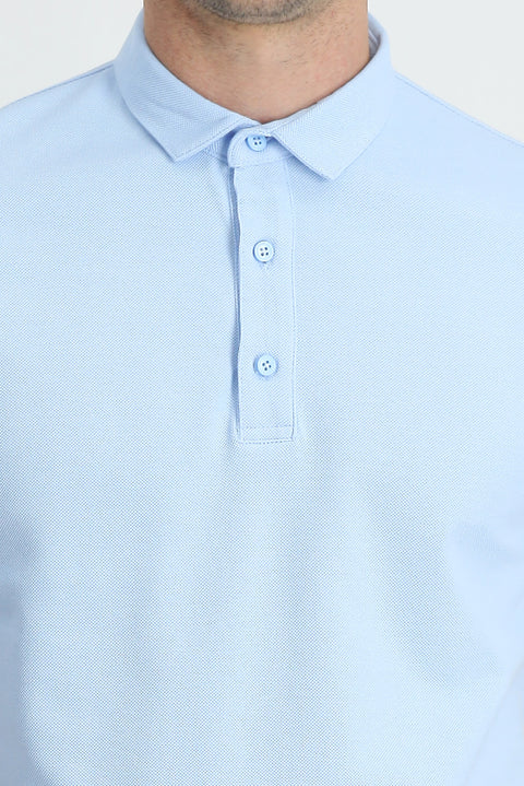 Light Blue Polo Collar Slim Fit Narrow Cut Cotton T-Shirt