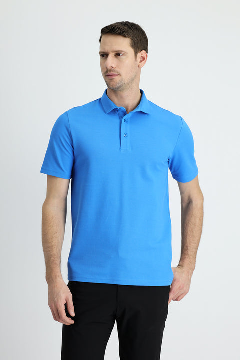 Aqua Blue Polo Collar Slim Fit Narrow Cut Cotton T-Shirt