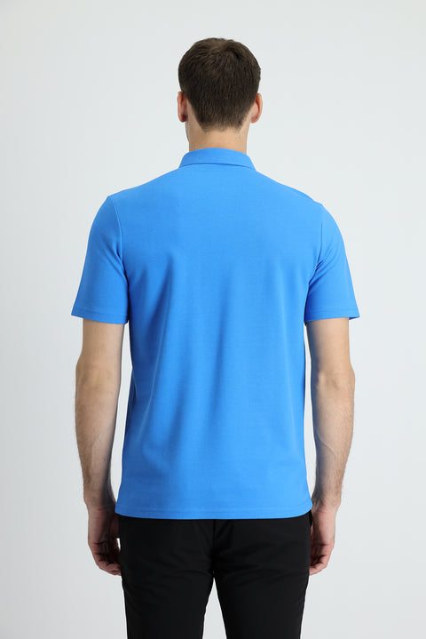 Aqua Blue Polo Collar Slim Fit Narrow Cut Cotton T-Shirt
