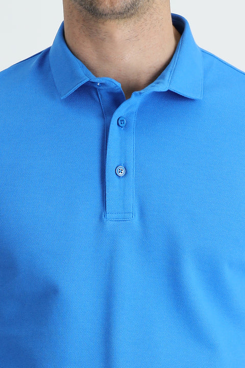 Aqua Blue Polo Collar Slim Fit Narrow Cut Cotton T-Shirt