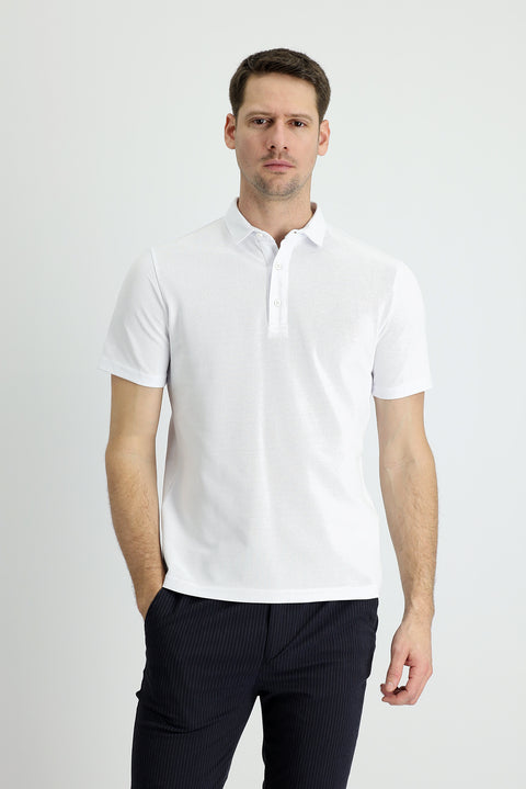 White Polo Collar Slim Fit Narrow Cut Cotton T-shirt