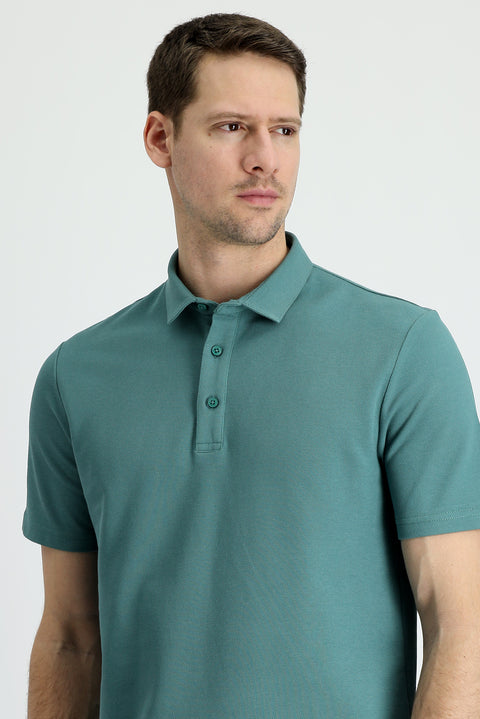 Moss Green Polo Collar Slim Fit Narrow Cut Cotton T-Shirt