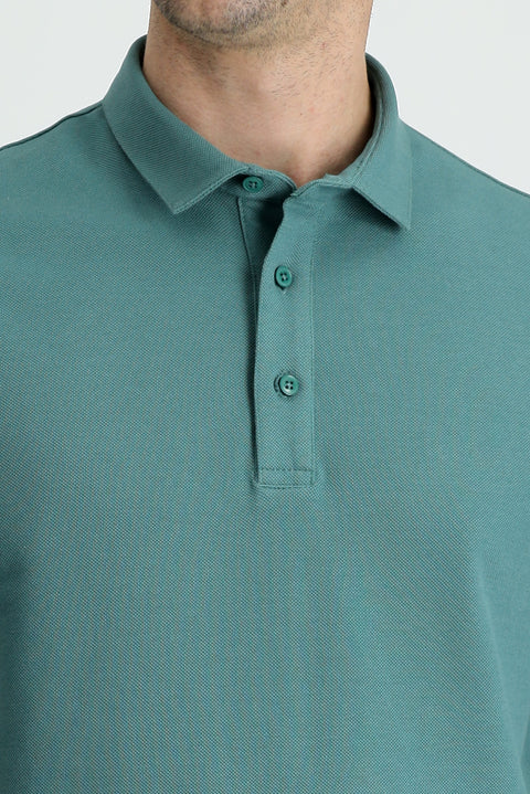 Moss Green Polo Collar Slim Fit Narrow Cut Cotton T-Shirt