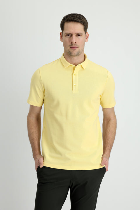 Light Yellow Polo Collar Slim Fit Narrow Cut Cotton T-Shirt