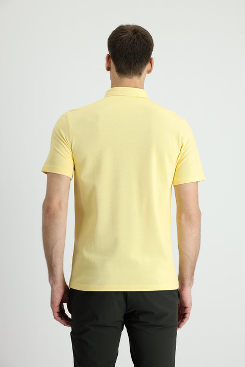 Light Yellow Polo Collar Slim Fit Narrow Cut Cotton T-Shirt
