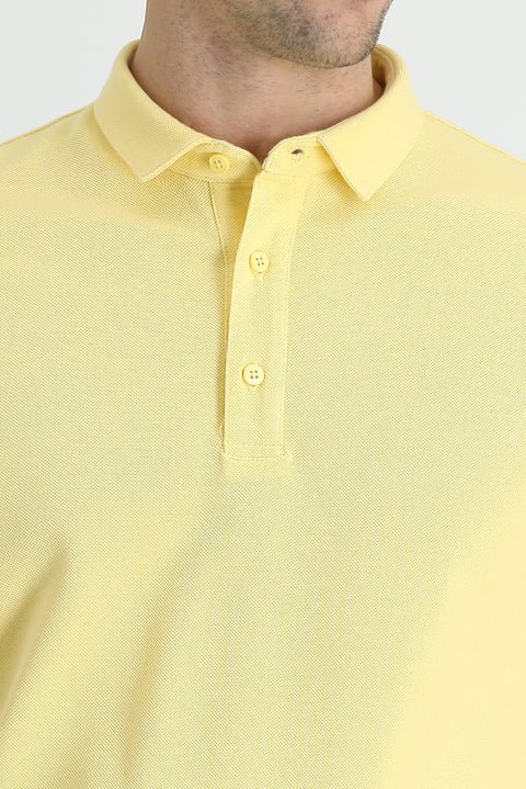 Light Yellow Polo Collar Slim Fit Narrow Cut Cotton T-Shirt