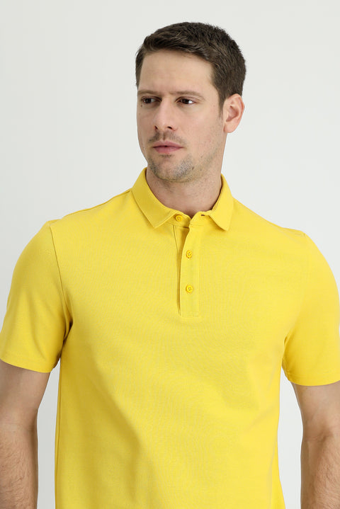 Dark Yellow Polo Collar Slim Fit Narrow Cut Cotton T-Shirt