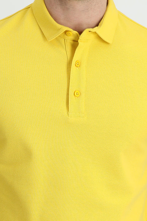 Dark Yellow Polo Collar Slim Fit Narrow Cut Cotton T-Shirt