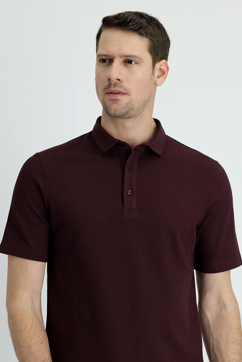 Dark Burgundy Polo Collar Slim Fit Cotton T-Shirt