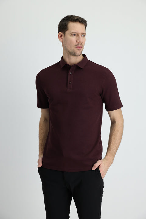 Dark Burgundy Polo Collar Slim Fit Cotton T-Shirt