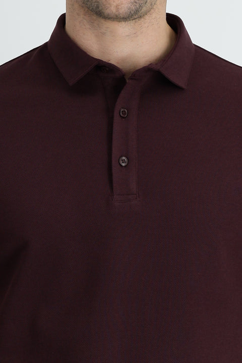 Dark Burgundy Polo Collar Slim Fit Cotton T-Shirt
