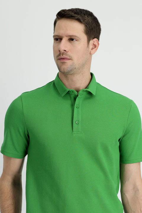 Grass Green Polo Collar Slim Fit Narrow Cut Cotton T-Shirt