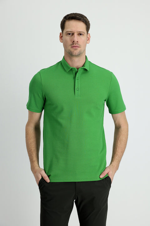 Grass Green Polo Collar Slim Fit Narrow Cut Cotton T-Shirt