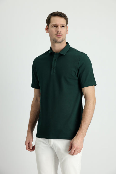 Dark Green Polo Collar Slim Fit Cotton T-Shirt