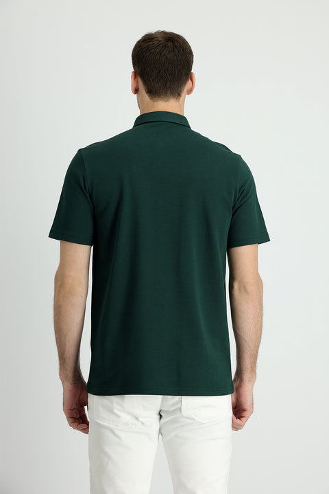 Dark Green Polo Collar Slim Fit Cotton T-Shirt