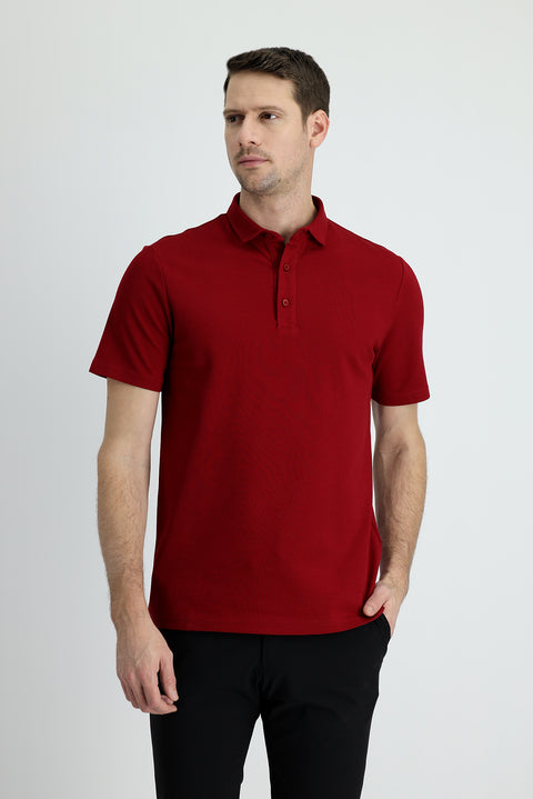 Dark Red Polo Collar Slim Fit Cotton T-Shirt