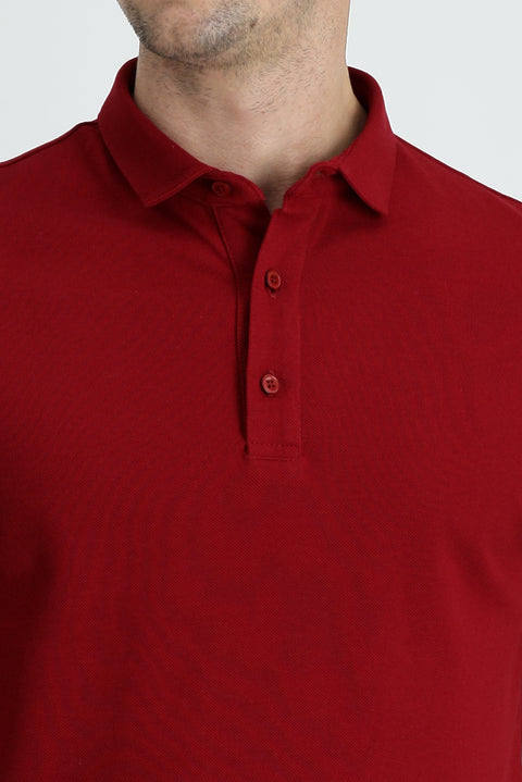 Dark Red Polo Collar Slim Fit Cotton T-Shirt
