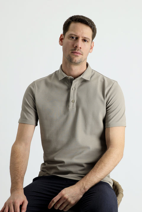Medium Mink Polo Collar Slim Fit Narrow Cut Cotton T-Shirt