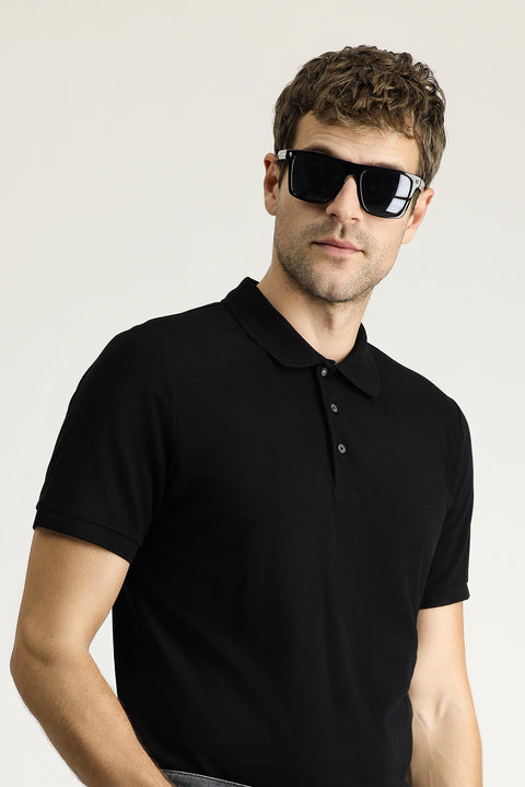 Black Slim Fit Embroidered Cotton Polo Shirt