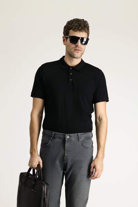 Black Slim Fit Embroidered Cotton Polo Shirt