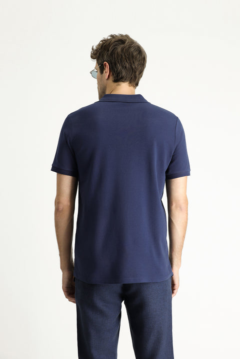 Lacivert Slim Fit Dar Kesim Nakışlı Pamuk Polo Yaka Tişört