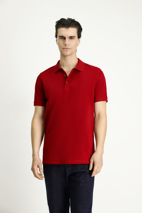 Dark Red Slim Fit Embroidered Cotton Polo Shirt