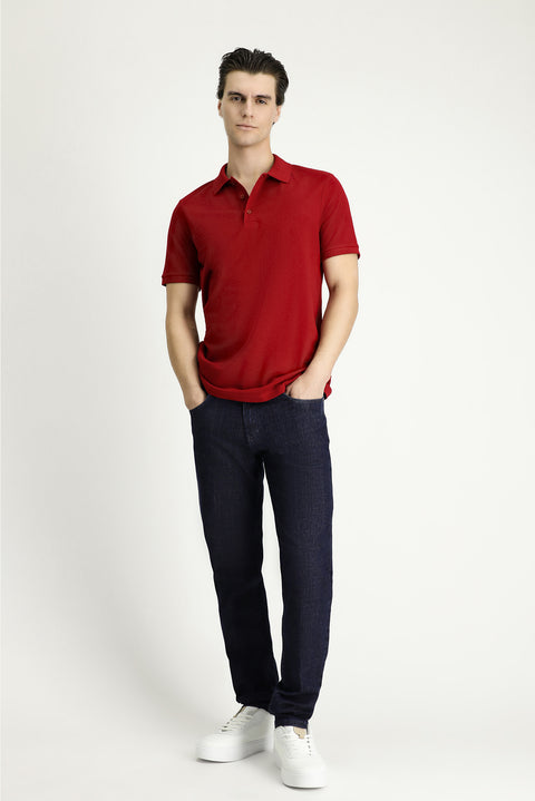 Dark Red Slim Fit Embroidered Cotton Polo Shirt