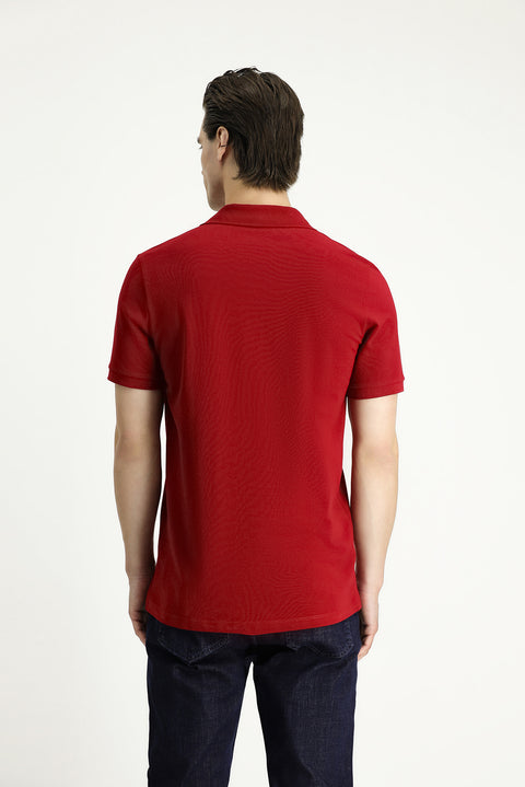 Dark Red Slim Fit Embroidered Cotton Polo Shirt