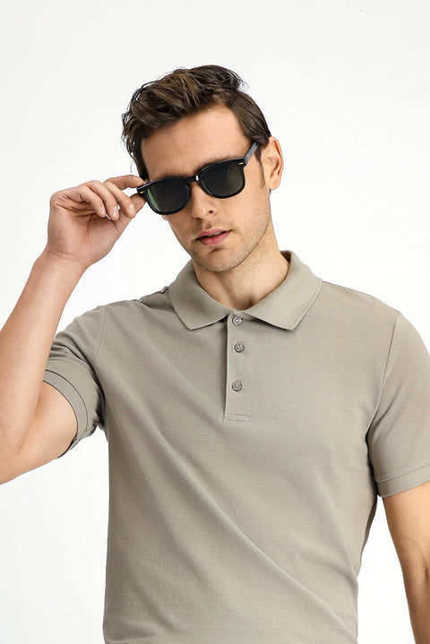 Medium Mink Slim Fit Narrow Cut Embroidered Cotton Polo Shirt