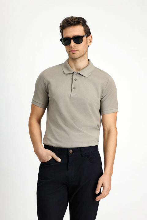 Medium Mink Slim Fit Narrow Cut Embroidered Cotton Polo Shirt