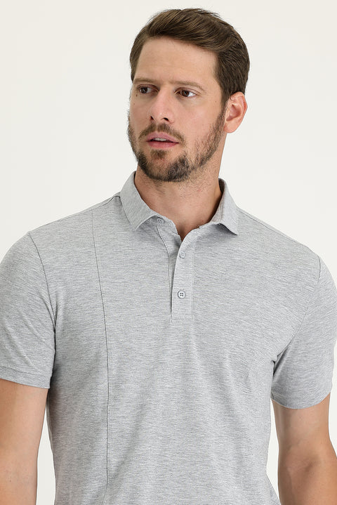 Medium Grey Melange Slim Fit Narrow Cut Cotton Supreme Polo Shirt