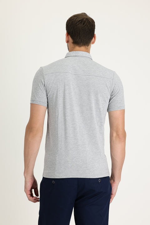 Medium Grey Melange Slim Fit Narrow Cut Cotton Supreme Polo Shirt