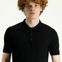 Black Polo Collar Slim Fit Patterned T-shirt