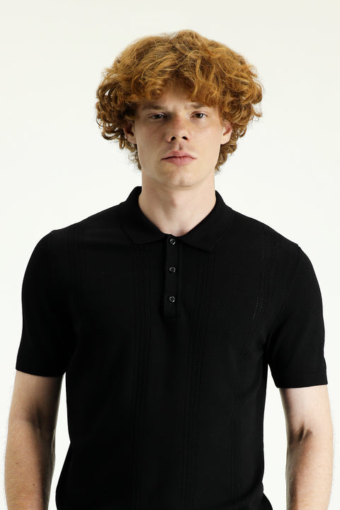 Black Polo Collar Slim Fit Patterned T-shirt