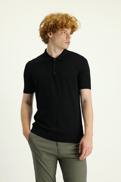 Black Polo Collar Slim Fit Patterned T-shirt