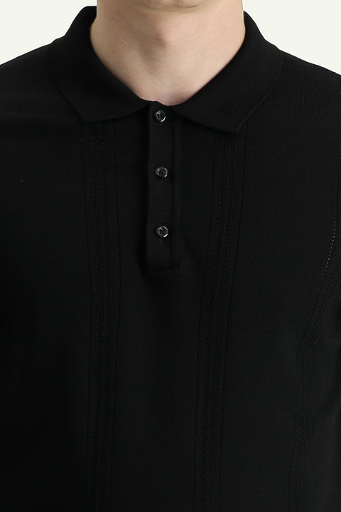 Black Polo Collar Slim Fit Patterned T-shirt