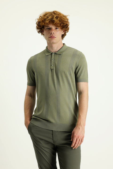 Açık Haki Polo Yaka Slim Fit Dar Kesim Desenli Tişört