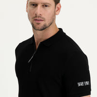 Black Polo Collar Slim Fit Narrow Cut Zip-Up Printed Cotton T-Shirt