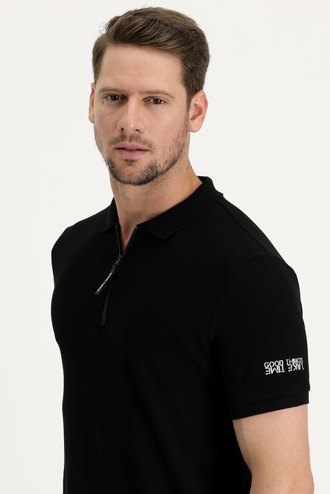 Black Polo Collar Slim Fit Narrow Cut Zip-Up Printed Cotton T-Shirt