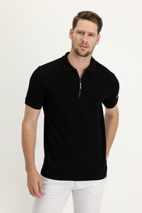 Black Polo Collar Slim Fit Narrow Cut Zip-Up Printed Cotton T-Shirt