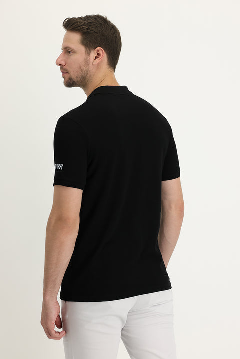 Black Polo Collar Slim Fit Narrow Cut Zip-Up Printed Cotton T-Shirt