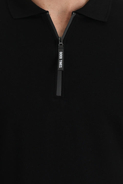 Black Polo Collar Slim Fit Narrow Cut Zip-Up Printed Cotton T-Shirt