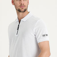 White Polo Collar Slim Fit Narrow Cut Zip-Up Printed Cotton T-Shirt