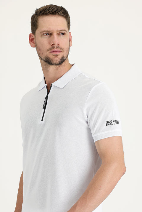 White Polo Collar Slim Fit Narrow Cut Zip-Up Printed Cotton T-Shirt