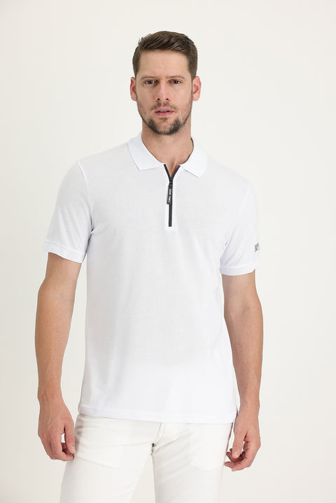 White Polo Collar Slim Fit Narrow Cut Zip-Up Printed Cotton T-Shirt