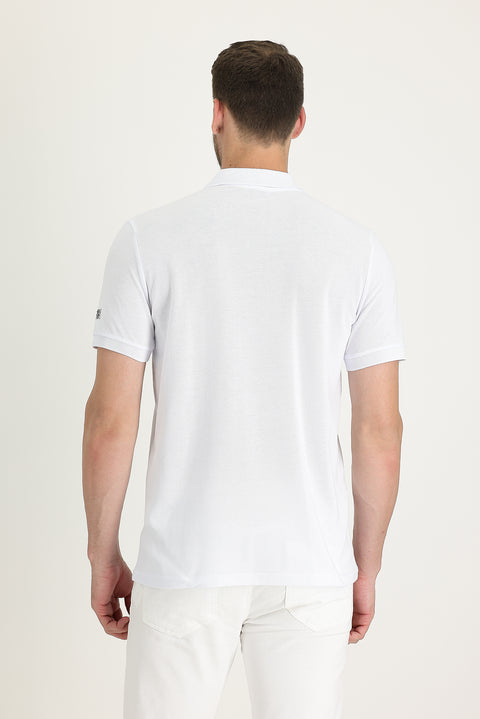 White Polo Collar Slim Fit Narrow Cut Zip-Up Printed Cotton T-Shirt