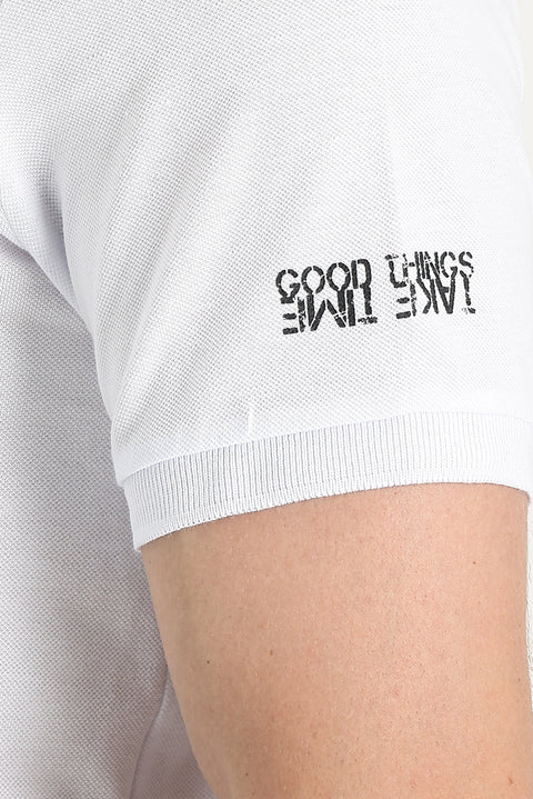 White Polo Collar Slim Fit Narrow Cut Zip-Up Printed Cotton T-Shirt
