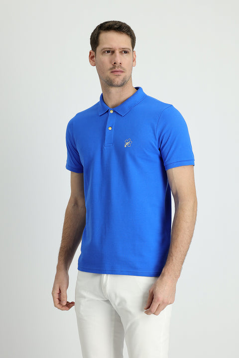 Indigo Blue Polo Collar Slim Fit Printed Cotton T-shirt