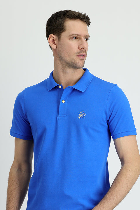Indigo Blue Polo Collar Slim Fit Printed Cotton T-shirt