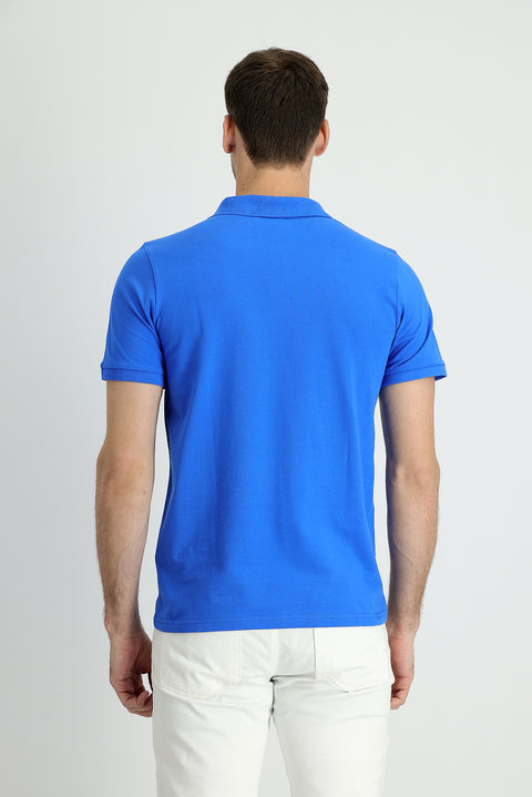 Indigo Blue Polo Collar Slim Fit Printed Cotton T-shirt